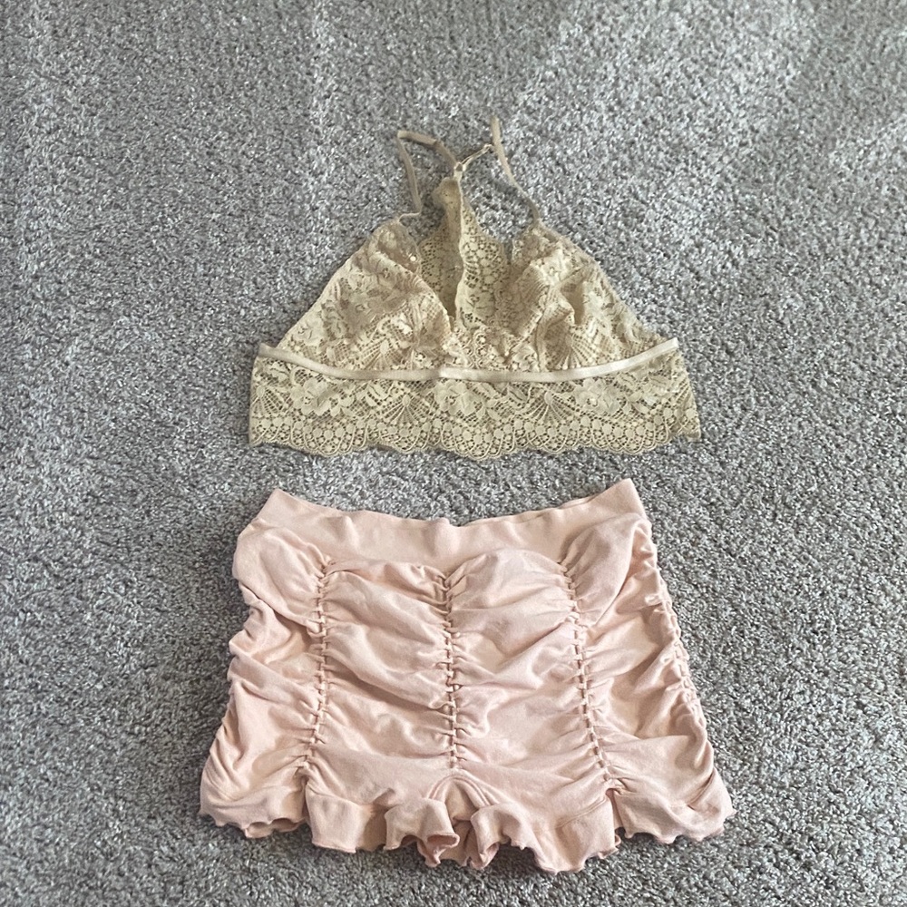 Free People Lace Bralette and Ruched Shorts Set - Cream and Pink